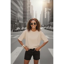 Mily Kadın Oversize Basic Bisiklet Yaka Pamuklu T-shirt Rahat Kesim Unisex Sevgili Kombini Taş Rengi