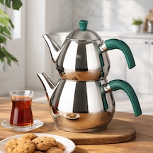 Porsima 1029-2 Damla Bakalit Kulp Orta Boy Paslanmaz Çelik Çaydanlık Takımı - Yeşil - 1.25-2.00lt