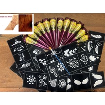 Airbrush Tattoo Doğal Renk Jumbo Boy Kına 50 G + Koni Kına 2'li + Şablon 12'li