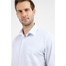 İmza Beyaz - Mavi Çizgili Desen Sert Yaka Uzun Kol Cepli Comfort Fit Pamuklu Gömlek 1004255208 Beyaz - Mavi