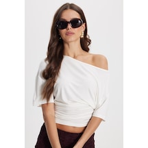 Tudors Kadın Regular Fit Klasik Kesim Kısa Kollu Beli Büzgülü Ekru Bluz-50804