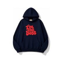 Herkesemoda Yazı Baskılı Kapüşonlu 2 İplik Şardonlu Sweatshirt Lacivert