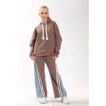 Kız Çocuk Pamuklu Kapüşonlu Yırtmaçlı Yarasa Kol Şardonlu Sweatshirt-13451-kahverengi Kahverengi