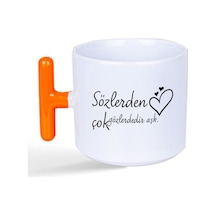 Sözlerden Çok Gözlerdedir Aşk Baskılı Turuncu Kulplu T Kupa