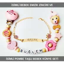 Sahi Aksesuar İsimli Bebek Emzik Zinciri ve İsimli Bebek Künye Seti BEZYI321 Bej - Mavi
