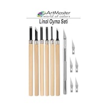 Linol Oyma Seti Ahşap Saplı 6 Parça 1 Paket Kretuar Bıçağı Oyma Kesme Bıçak Seti Linol 6 Bıçaklı Linolyum Baskı Seti