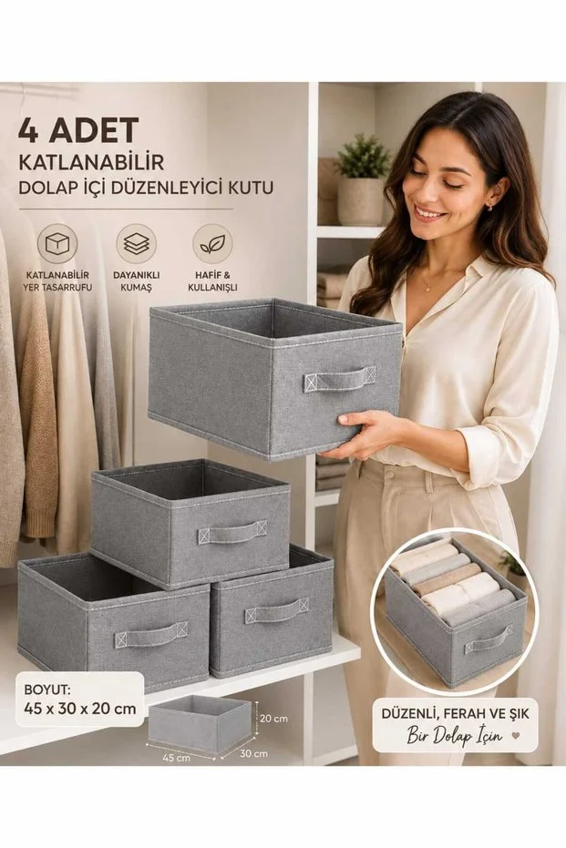 Ultra 4 Adet Katlanabilir Dolap İçi Düzenleyici Kutu 45x30x20 Cm Kıyafet Ve Giysi Organizer Saklama Kutusu Açık gri