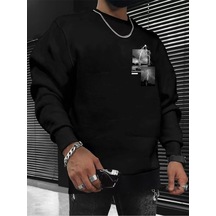 Unisex Oversize Lightning Baskılı Bisiklet Yaka Sweatshirt Siyah