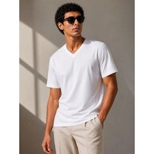 Erkek V Yaka Basic Tişört Kısa Kol Yazlık Regular Fit T-shirt - Beyaz Çok Renkli