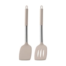 Dianziye 430 Paslanmaz Çelik Boş Saplı Silikon Mutfak Gereçleri Seti - Kavurma Ve Karıştırma Paleti İki Parça Kahverengi