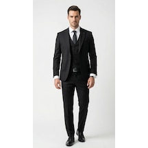 Erkek Slim Fit Takım Elbise Düz Dokulu Kırışmaya Dayanıklı Likralı Polyviskon Kumaş, Sivri Yaka, Tek Düğmeli, Çift Yır Siyah