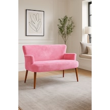 Roma Modern İkili Koltuk - Welsoft Yumuşak Kumaş - Ahşap Ceviz Renk Ayak - Pembe Pembe