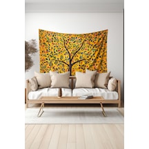 Sarı Çiçekli Ağaç Desenli Duvar Halısı Duvar Örtüsü Tapestry Süet Dokulu Kumaş