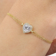 Işıltılı Kalp Güzelliği Gold Renk Gümüş Bileklik