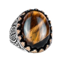 925 Ayar Katı Gümüş Erkek Yüzük - Doğal Taşlarla El Yapımı Şıklık Kaplan Göz Taşı Gümüş