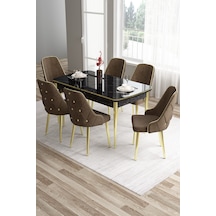 Canisa Concept Tia Serisi 80x132 Mdf Açılabilir Siyah Mermer Desen Gold Detay Masa Takımı Ve 6 Kahverengi Sandalye Masa Siyah Mermer Desen Sandalye Cappucino