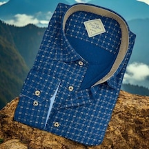 Pamuklu Lacivert Uzun Kollu Erkek Gömlek Slim Fit Kalıp -9803 Lacivert