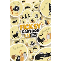 Sevimli Kedi Sticker Seti - 24 Adet Yuvarlak Etiket Çıkartma Diğer