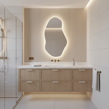 60x106 Cm Modern Asimetrik Led Banyo Aynası Dokunmatik, Dim Edilebilir 3000k Günışığı Sarı