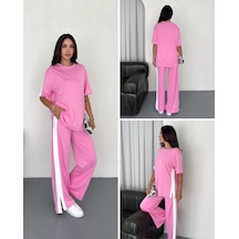 Elaxi Modal Şeritli Yırtmaç Detaylı Pantolon Tişort Takım Pembe