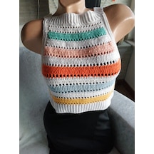 El Örgüsü Bayan Kısa Crop Bluz Çizgili