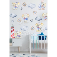 MSticker Kaptan Fil Ve Arkadaşları Sevimli Çocuk Bebek Odası Sticker Seti, Cam Duvar Sticker Çocuk Odası