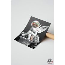 Balonlu Melek Heykel Poster, Çerçevesiz Yüksek Kalite Duvar Afişi - Renkli Ev Dekorasyonu