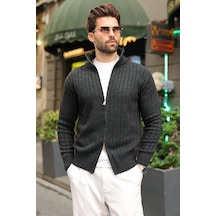 Madmext Antrasit Çift Fermuarlı Slim Fit Çizgili Erkek Triko Hırka E7522