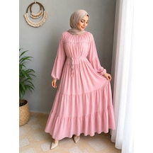 Efulim Womens İpli - Astarlı Salaş Şifon Tesettür Elbise Pembe