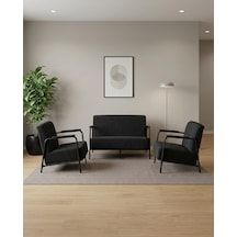 Atlas 2+1+1 Dokuma Kumaş Ofis Cafe Bekleme Koltuk Takımı Siyah Metal Siyah Gri