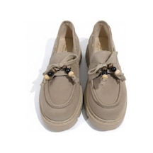 Efw Kadın Yüksek Kaymaz Taban Bej Süet Boncuklu Bağcıklı Loafer Oxford Ayakkabı
