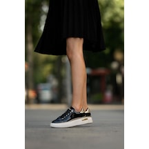 Kadın İnce Şerit Detaylı Kalın Taban Spor Ayakkabı Siyah