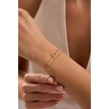 925 Ayar Gümüş Gold Kaplama Çift Zincirli Zirkon Taşlı Kalp Model Bileklik