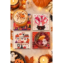 Boo Yazılı Cadılar Bayramı Temalı 4 Lü Kare Bardak Altlığı Set 9 Cm, 3 Mm Ahşap Mdf, Dijital Baskı - 930914363 Diğer