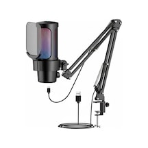 Usb Rgb Kondansatör Mikrofon + Boom Kol Stand Seti Mute Tuşlu Gürültü Azaltma Siyah