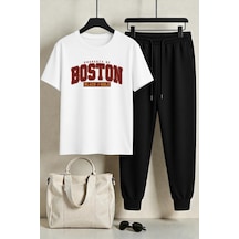 Uyguntarz Unisex Boston Tasarım Baskılı Tişört - 2'li Eşofman Takımı Beyaz