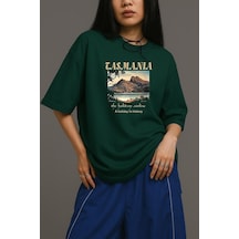 Tasmania Baskılı Unisex Oversize Tişört Yeşil
