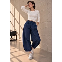 Bb Butik Basic Dökümlü Denim Balon Kesim Beli Lastikli Kadın Pantolon My3535 Mavi