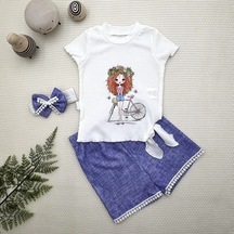 Veraura Lifestyle 1-2-3 Yaş Bisikletli Kız Baskılı Bandanalı Kot Desenli Şort Kısa Kollu Tişört 3lü Kız Bebek Takımı Mavi