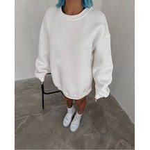 Kışlık Bisiklet Yaka Üç İplik Basic Sweatshirt - Beyaz