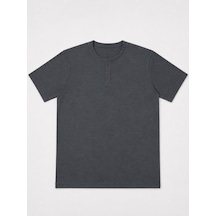 Büyük Beden Çizgili Düğmeli Waffle Erkek Tshirt Antrasit