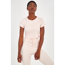 Maraton Sportswear Slimfit Kadın Bisiklet Yaka Kısa Kol Basic Mercan Crop Top 18997 Mercan