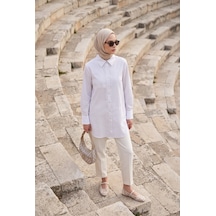 Armine Trend Çizgili Asimetrik Blok Detaylı Düğmeli Uzun Kollu Oversize Gömlek Tunik 90 Cm Boy Bej 26yt490