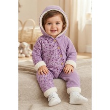 Tuffy Kids Kız Bebek Lila Çiçekli Kapüşonlu Düğmeli Tulum Lila-ekru