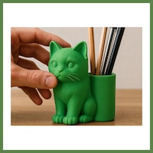 Bezos 3d Baskı Kedi Figürlü Kalemlik - Masaüstü Organizer - Yeşil Hb006