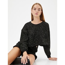 Koton Crop Oversize Tüvit Sweatshirt Uzun Kollu Bisiklet Yaka Siyah 4wal10673ık Siyah
