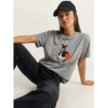 Shade Kadın Rabbit Nakışlı İşlemeli Bisiklet Yaka Basic T-shirt 7532 60283953 - Gri