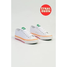 Benetton Bnı-10031 İthal Beyaz Turuncu Kadın Keten Sneaker Spor Ayakkabı V1 Çok Renkli