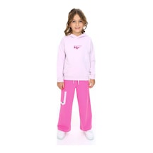 Toontoy Kids Toontoy Kız Çocuk 2'li Takım Baskılı Kapüşonlu Sweatshirt & Beli Lastikli Bol Paça Cepli Eşofman Altı - Renk Bloklu & 2 İplik Lila
