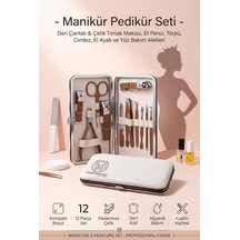 12 Parça Manikür Pedikür Seti - Lüks Deri Çantalı Paslanmaz Çelik Tırnak Makası, Et Pensi, Törpü, Cımbız, El Ayak Ve Yüz Bakım Aletleri Seti 723372